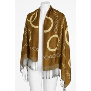 Reversible Pashmina Silk Blend Scarf Wrap Shawl Brown Beige Circle Print 74”x28